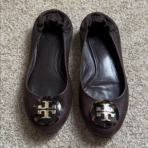 Tory Burch Dark Brown Leather Flats with Gold Accents